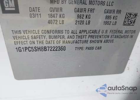 2011 Chevrolet Cruze Ls z USA, uszkodzony, nr VIN 1G1PC5SH8B7222360